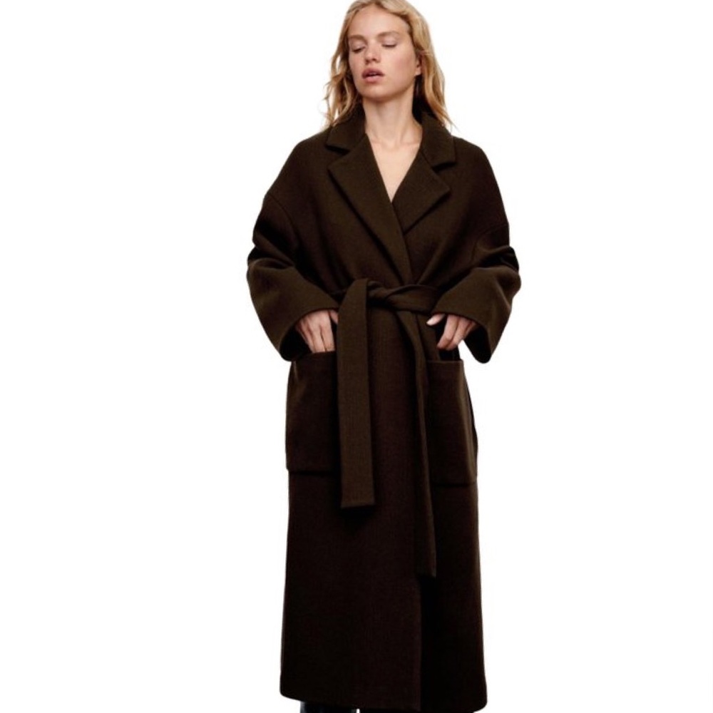 Zara Wool Blend Chocolate Brown Long Coat Wrap XS